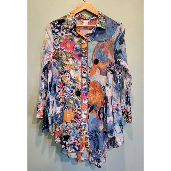 Feratelli Tops - Feratelli Colorful Floral Artsy Semi Sheer Asymmetrical Button Up Tunic Top XL
